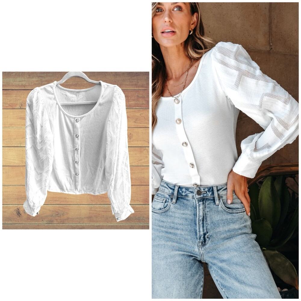 NEW Cupshe Contrast Mesh Button-Front Puff Sleeve Top, Medium